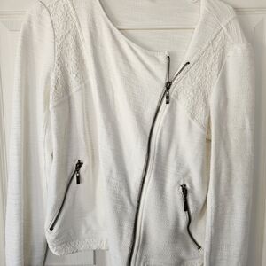 CB Casual White Textured Blazer with Zipper Accents